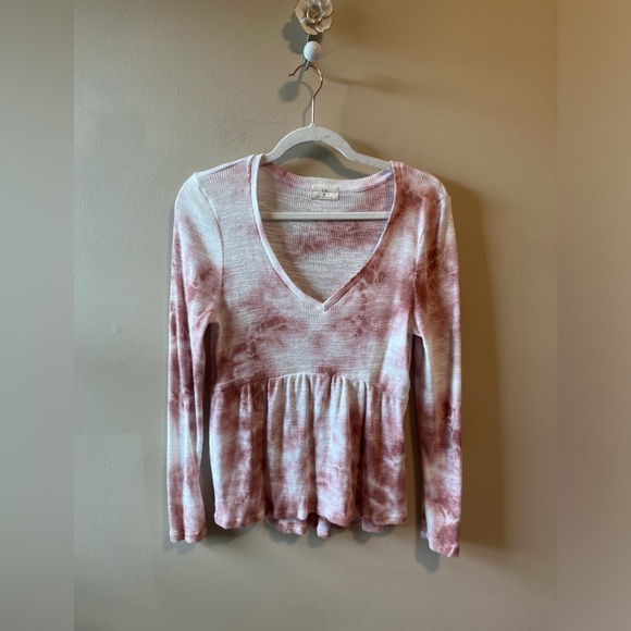 Anthropologie T. LA Jill babydoll peplum ribbed top pink white tie dye XS - Picture 3 of 6